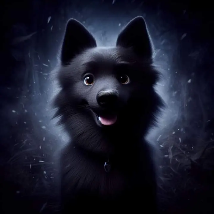 Ilustração de um Schipperke preto com orelhas eretas e pelagem farta
